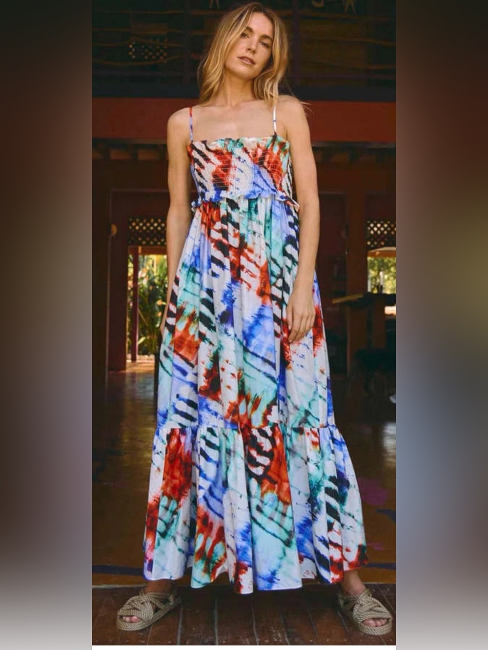 Hunter Bell Reese Dress XL Electric Tie Dye Smocked Cotton Maxi